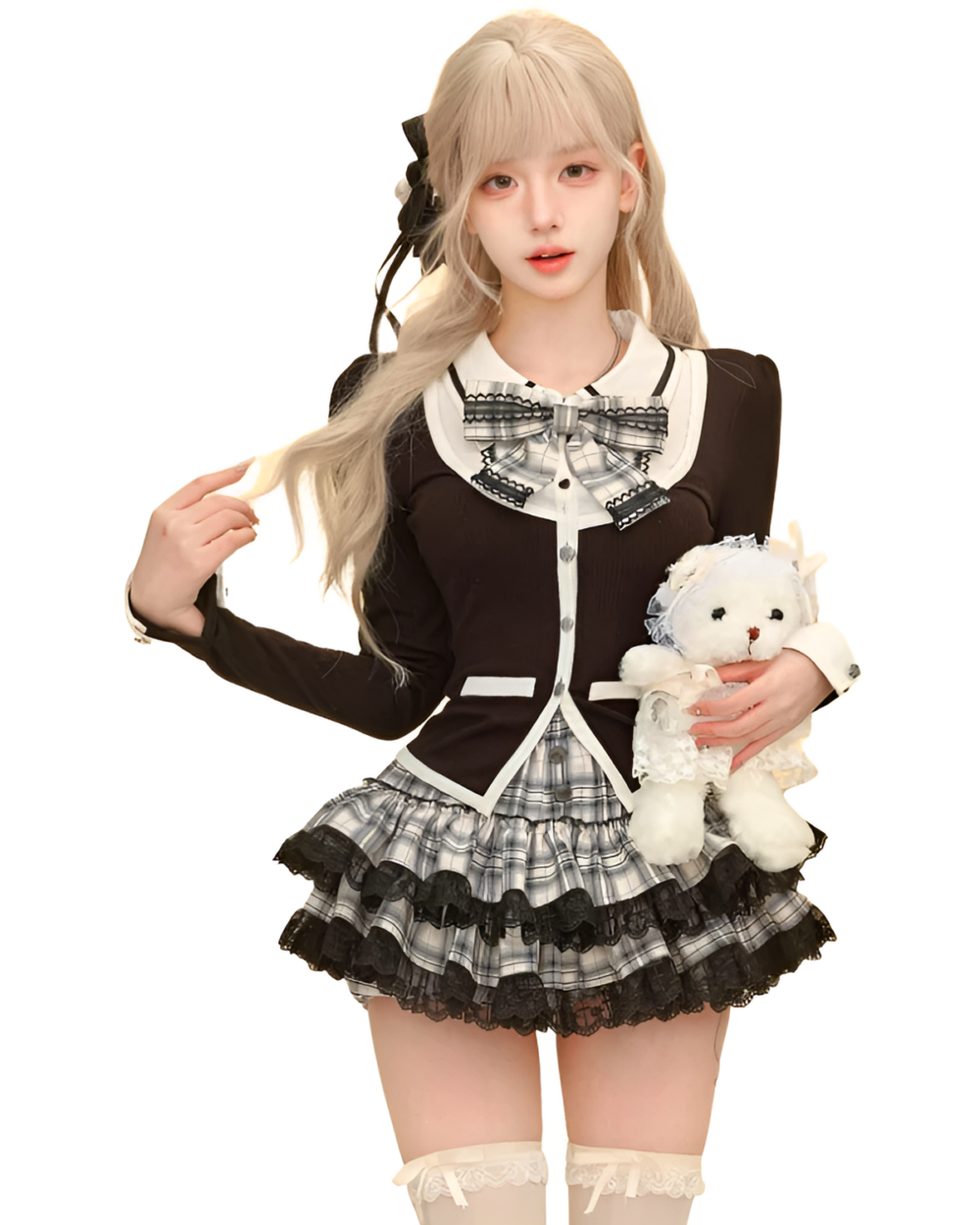 Two-Piece Dark Bowed Dress - Girly Kei Aesthetic product photo 1 Two-Piece Dark Bowed Dress - Girly Kei aesthetic with a cardigan, skirt, and plush toy.