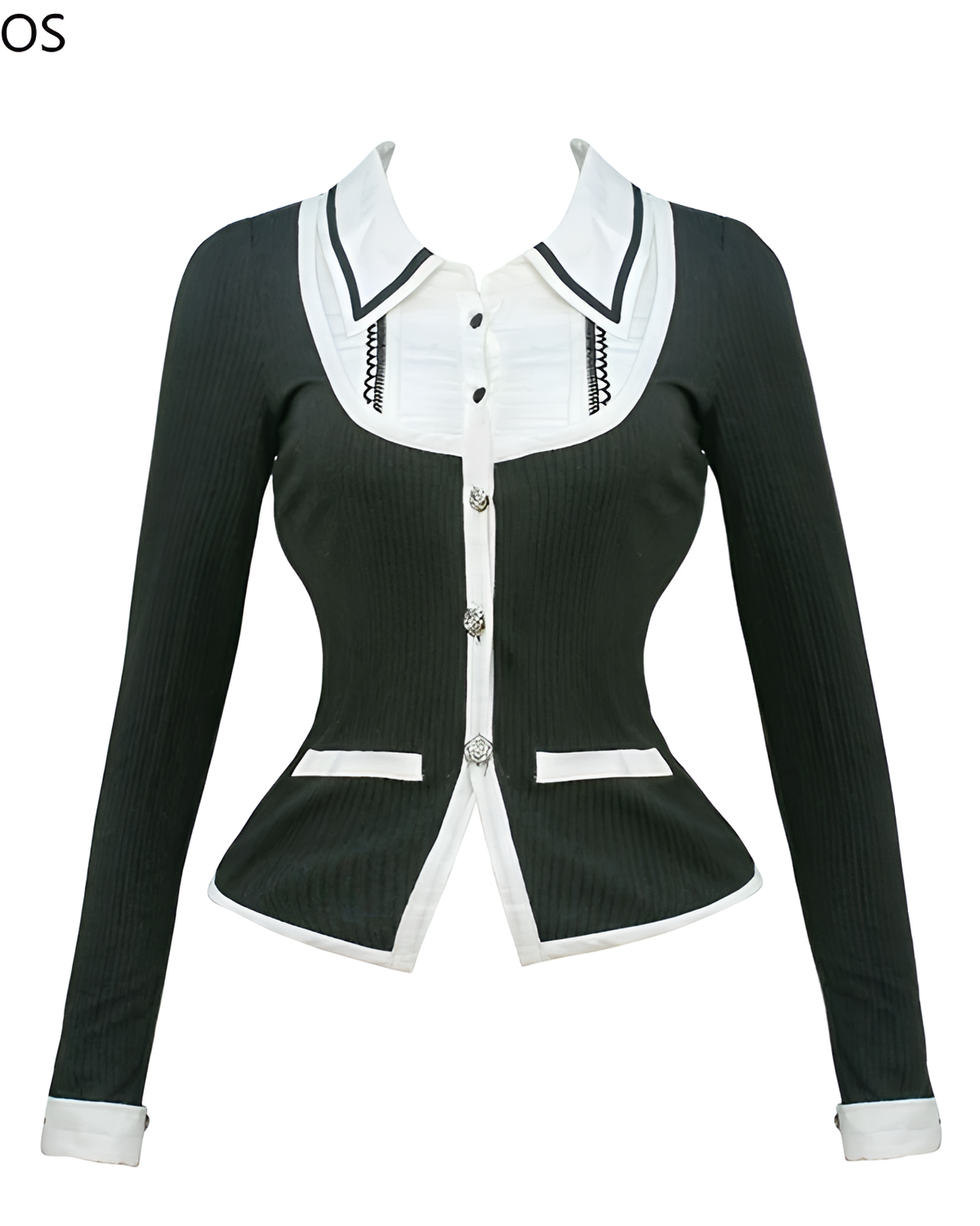 Dark Girly Kei dress featuring a black ribbed knit top with a white collar and detailed embroidery.