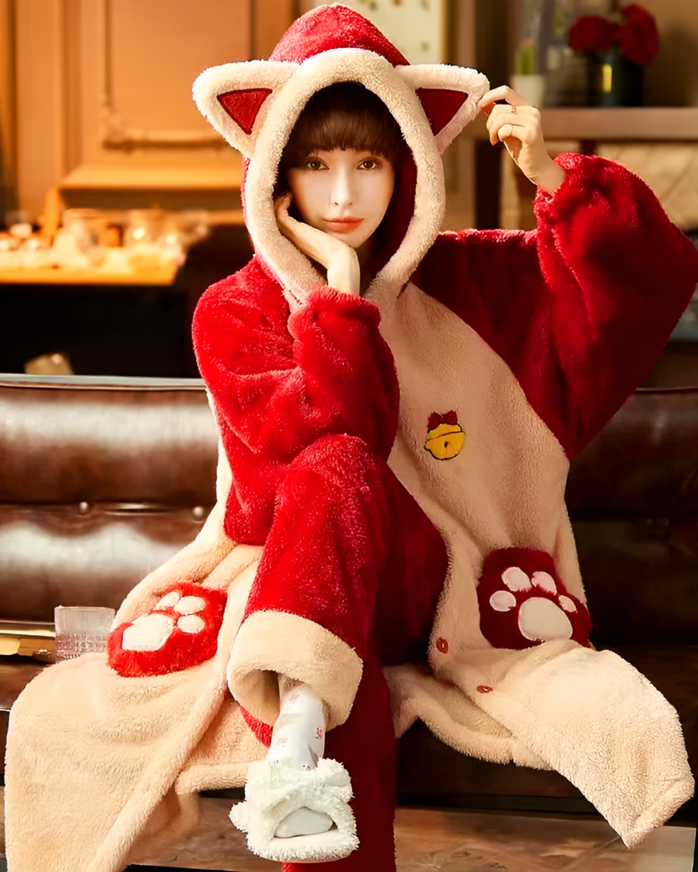 Woman wearing red two piece fluffy kigurumi pajamas with paw prints and a hood. Comfortable loungewear.