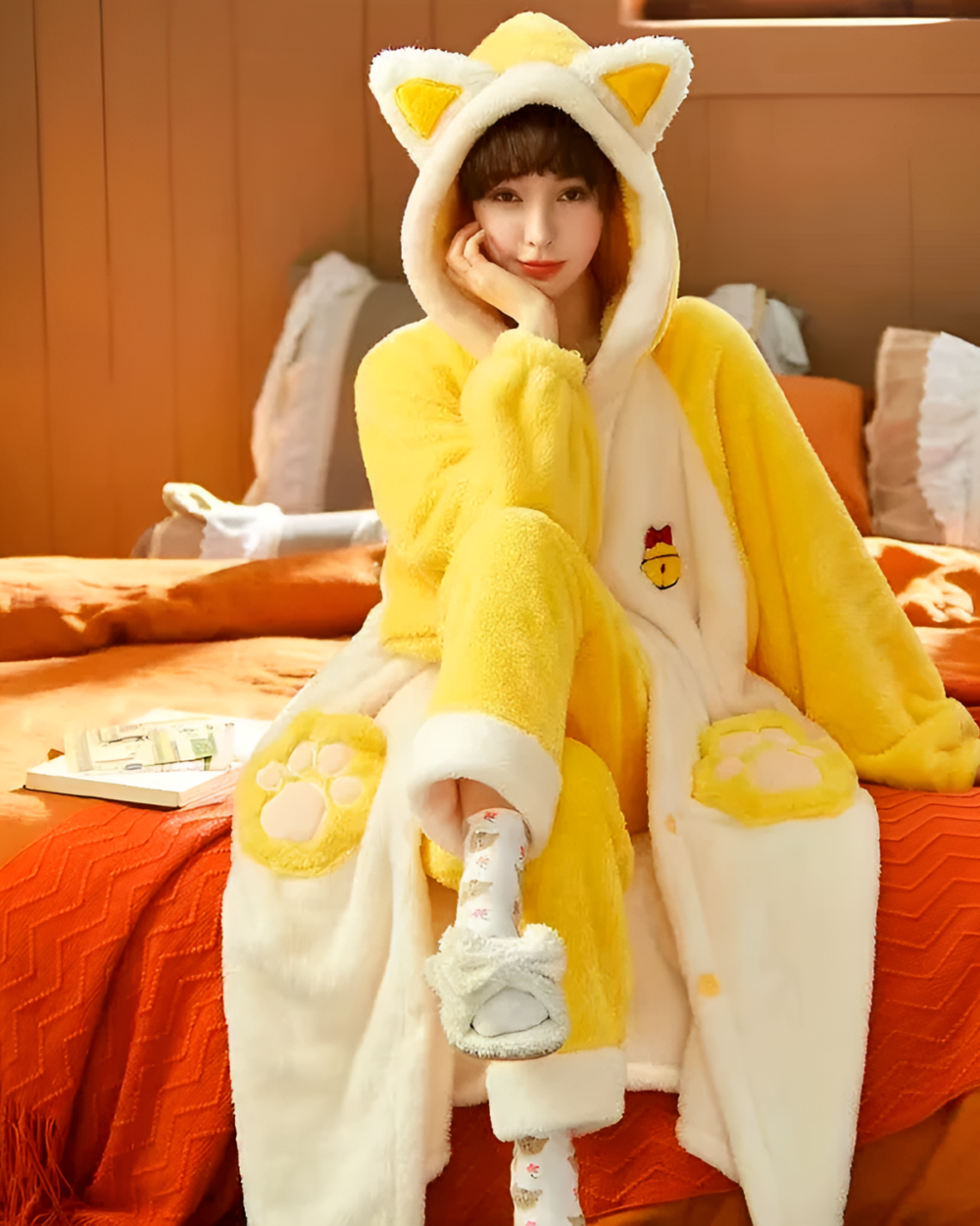 Woman wearing yellow Two Piece Fluffy Kigurumi Pajamas, with cat ears and paw details. Comfortable fluffy kigurumi pajamas for lounging.
