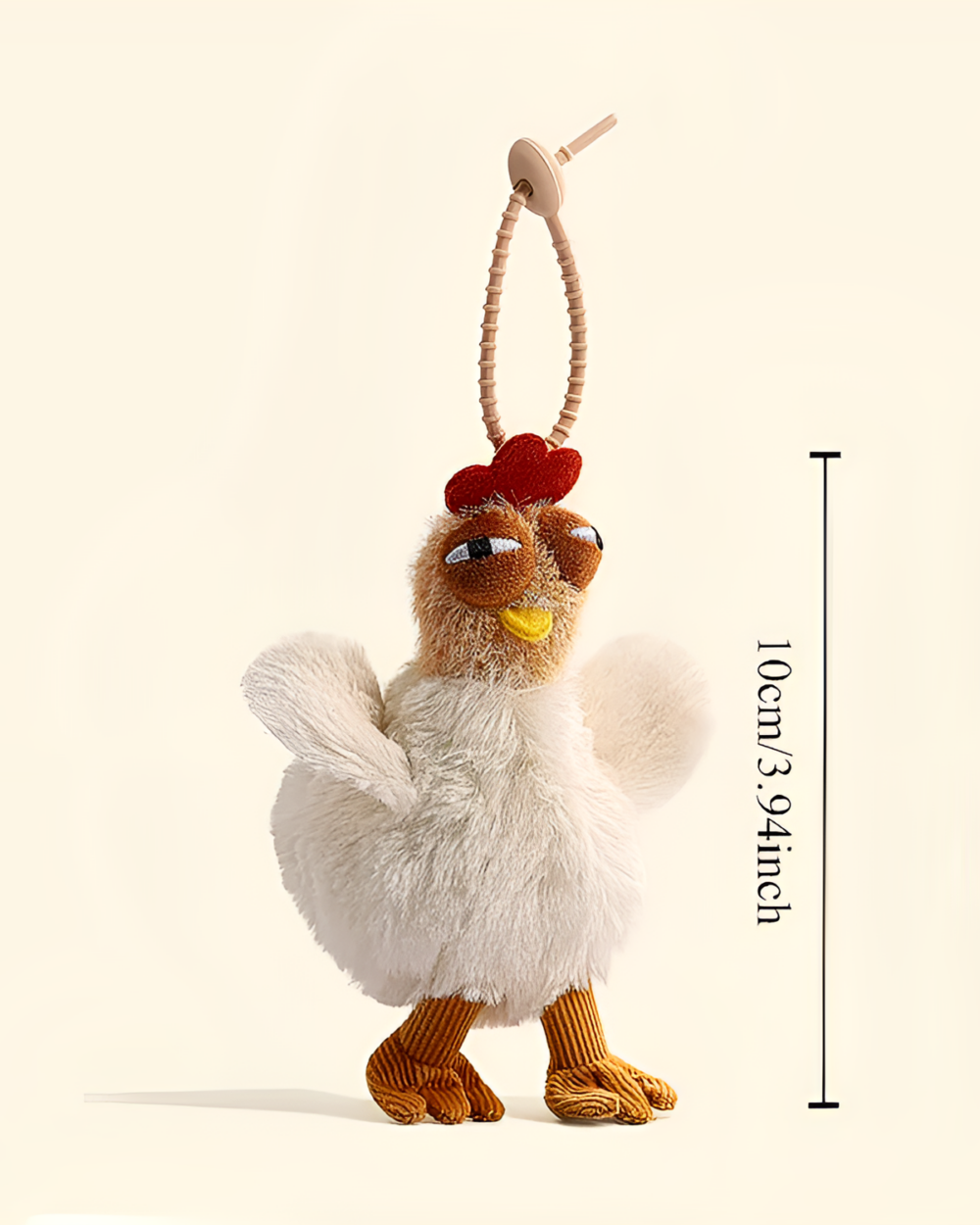 Ugly chicken plush handbag with a wooden handle and dimension marking. The fluffy toy is white and red.