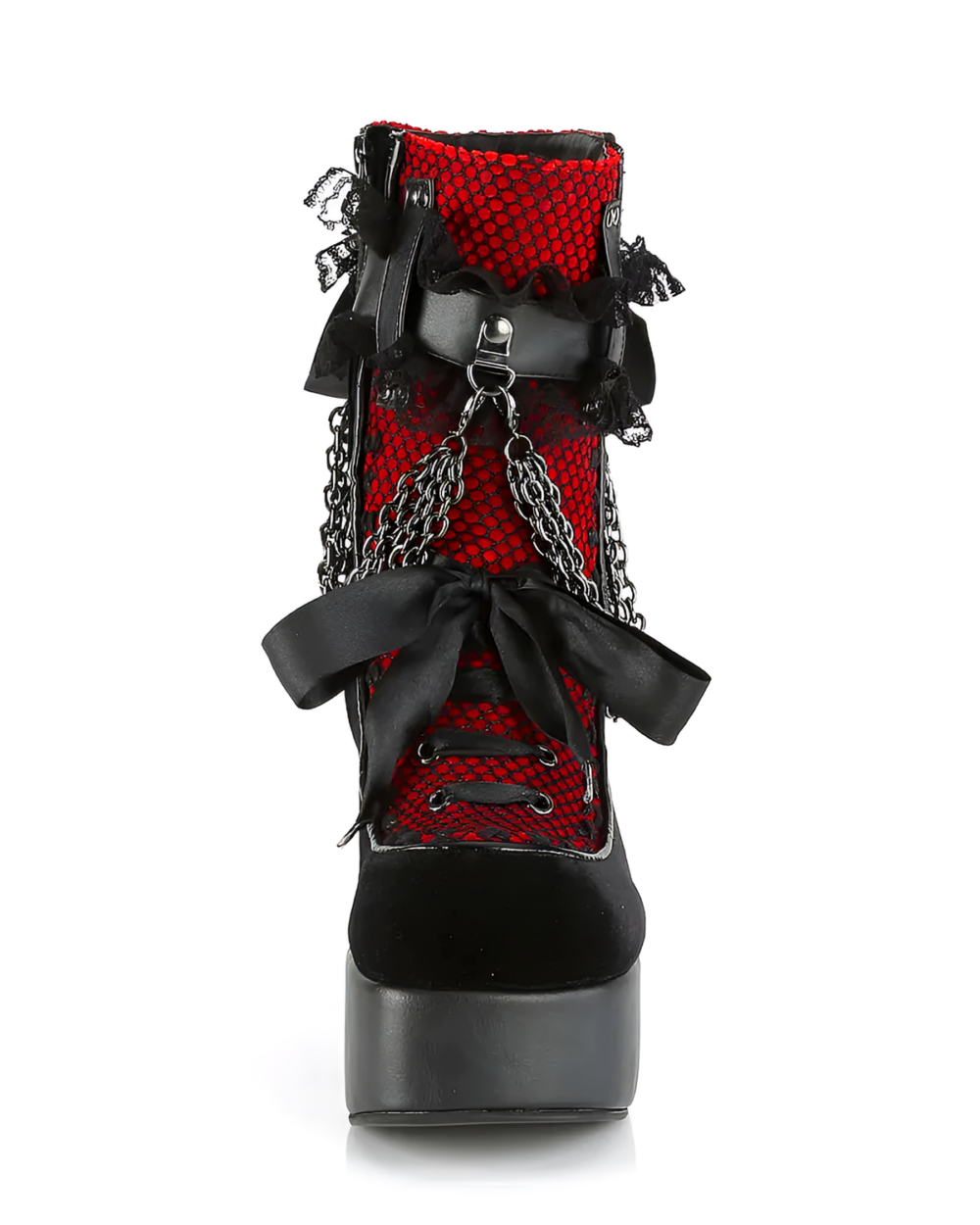Side view of Vampyra platform goth boots featuring a red lace-up design, black ribbon, and chain details on a high platform sole.