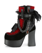 Red and black Vampyra Chain-Ribbon Platform Boots with a thick heel and ribbon details. Stylish platform goth boots.