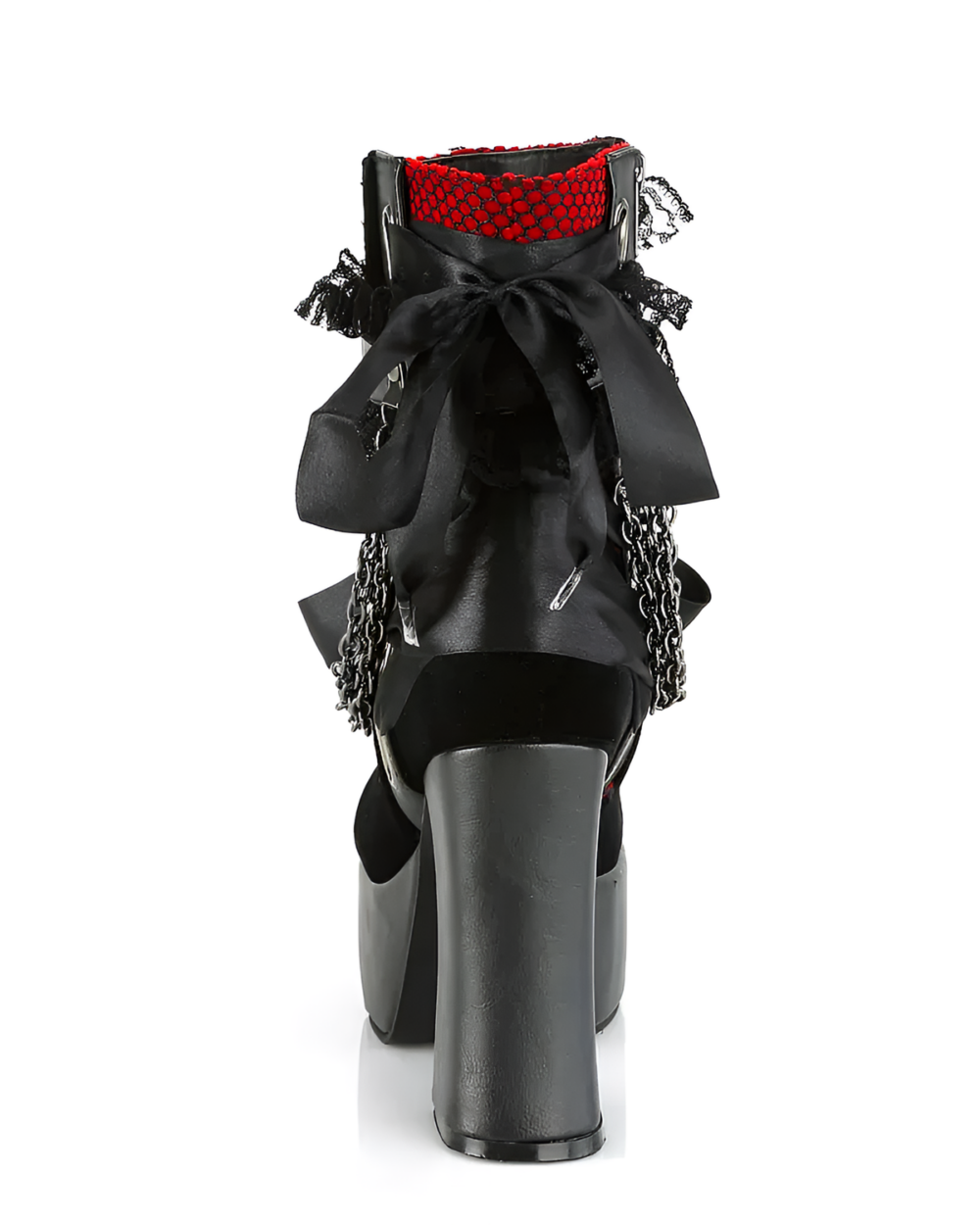Back view of Vampyra platform goth boots featuring black velvet, ribbon bows, and chain detailing. High block heel.