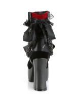 Back view of Vampyra platform goth boots featuring black velvet, ribbon bows, and chain detailing. High block heel.