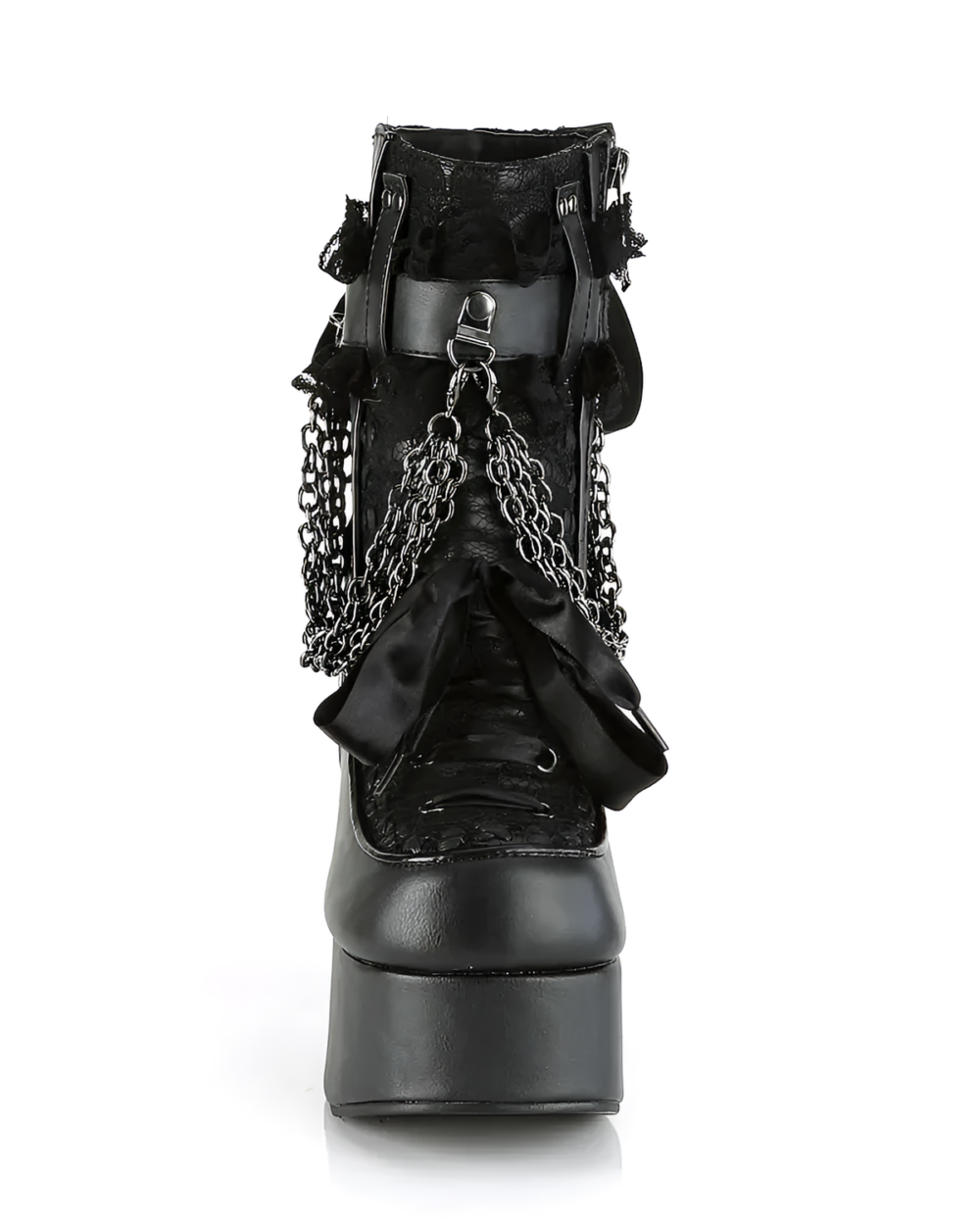 Black Vampyra platform goth boots with chain and ribbon details. High sole and lace-up design.
