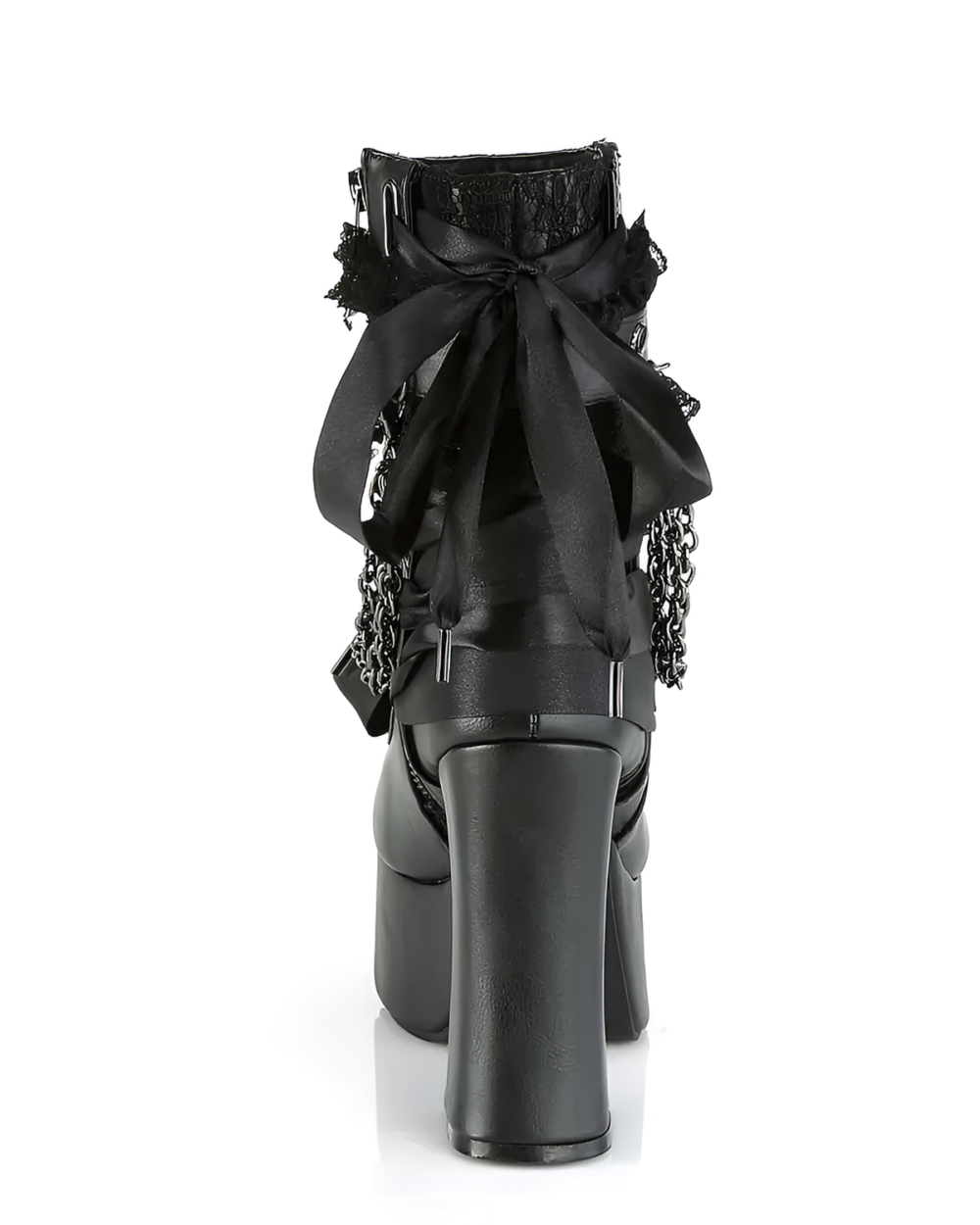 Black Vampyra Chain-Ribbon platform goth boots with lace and ribbon details, seen from the back.