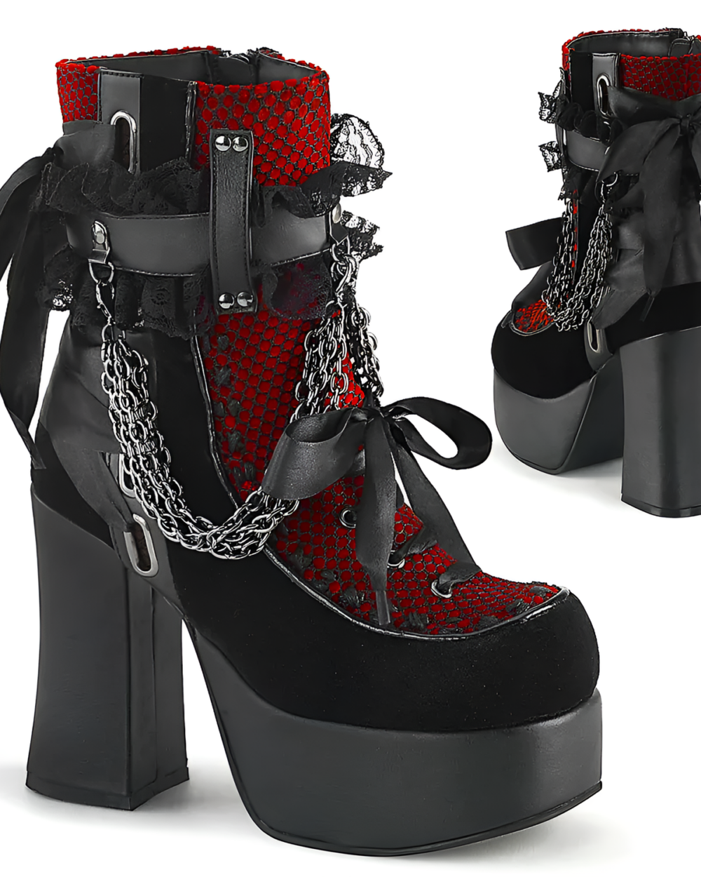 Red and black Vampyra Chain-Ribbon platform goth boots with a thick heel and lace details. Perfect for alternative style.