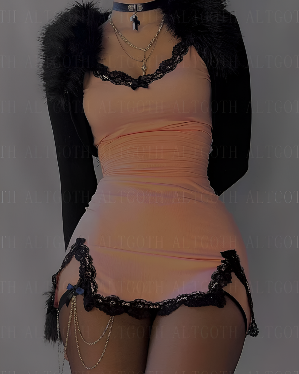 Pink Velvet Vamp Mini Dress with lace trim and garter detail. Featuring a sweetheart neckline and fitted silhouette.