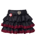 Black and burgundy Venom Heart Ruffle Skirt with layered ruffles and a decorative belt. Includes a heart-shaped emblem.