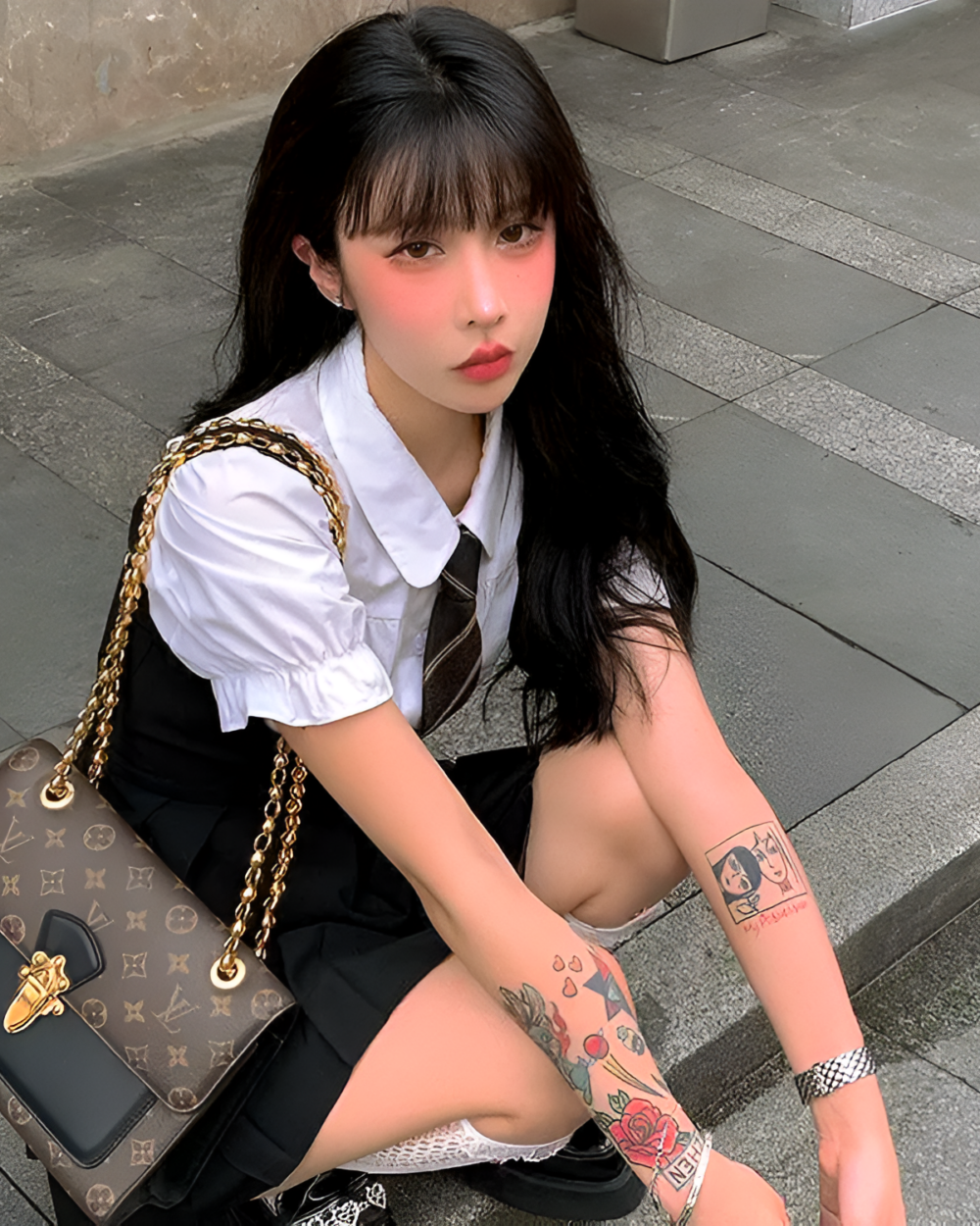 Woman wearing a white blouse and black suspender skirt set. Outfit includes a gold chain bag and black sneakers.