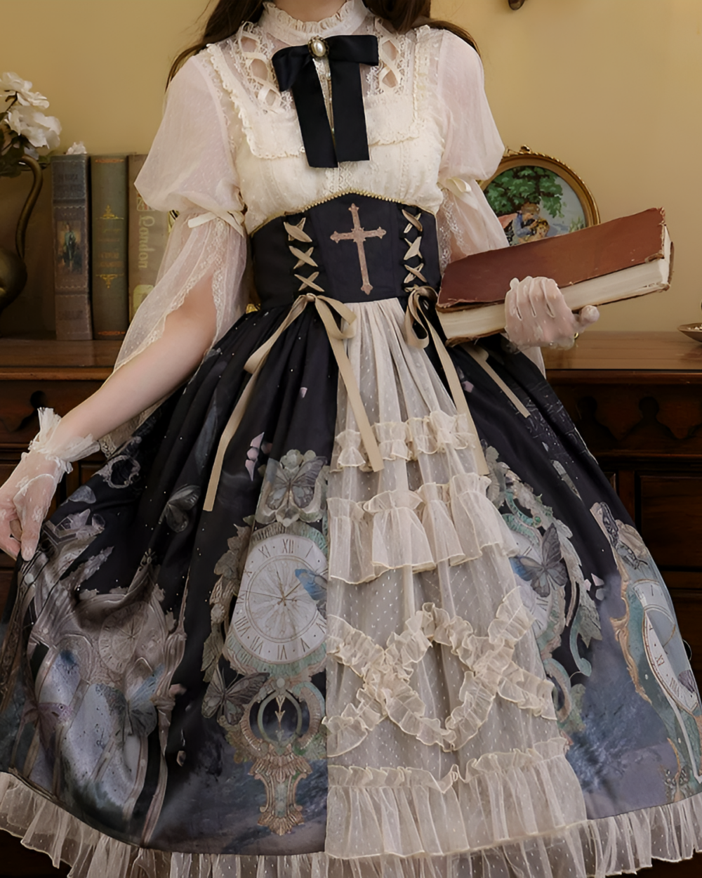Victorian-Style Gothic Lolita dress with layered skirts, lace, and corset detailing.