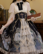 Victorian-Style Gothic Lolita dress with layered skirts, lace, and corset detailing.