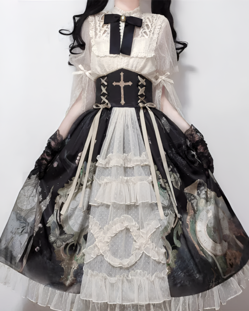 Victorian-Style Gothic Lolita dress with lace, ruffles, and floral print layered skirt.