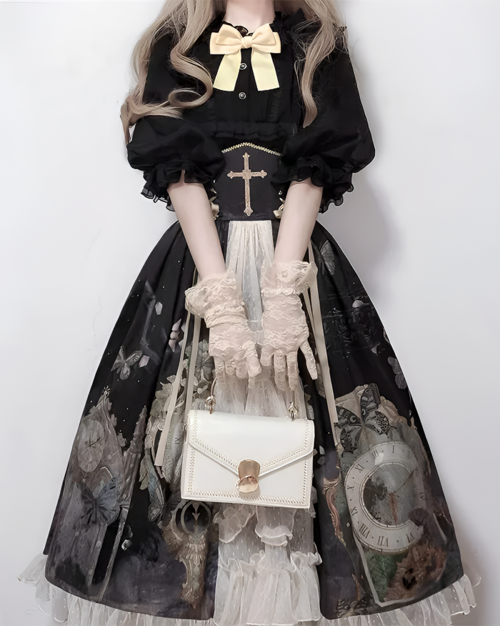 Victorian-Style Gothic Lolita dress featuring a floral print, lace gloves, and a bow accessory.