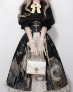 Victorian-Style Gothic Lolita dress featuring a floral print, lace gloves, and a bow accessory.