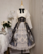 Victorian-Style Gothic Lolita dress with layered skirt, lace sleeves, and corset details.