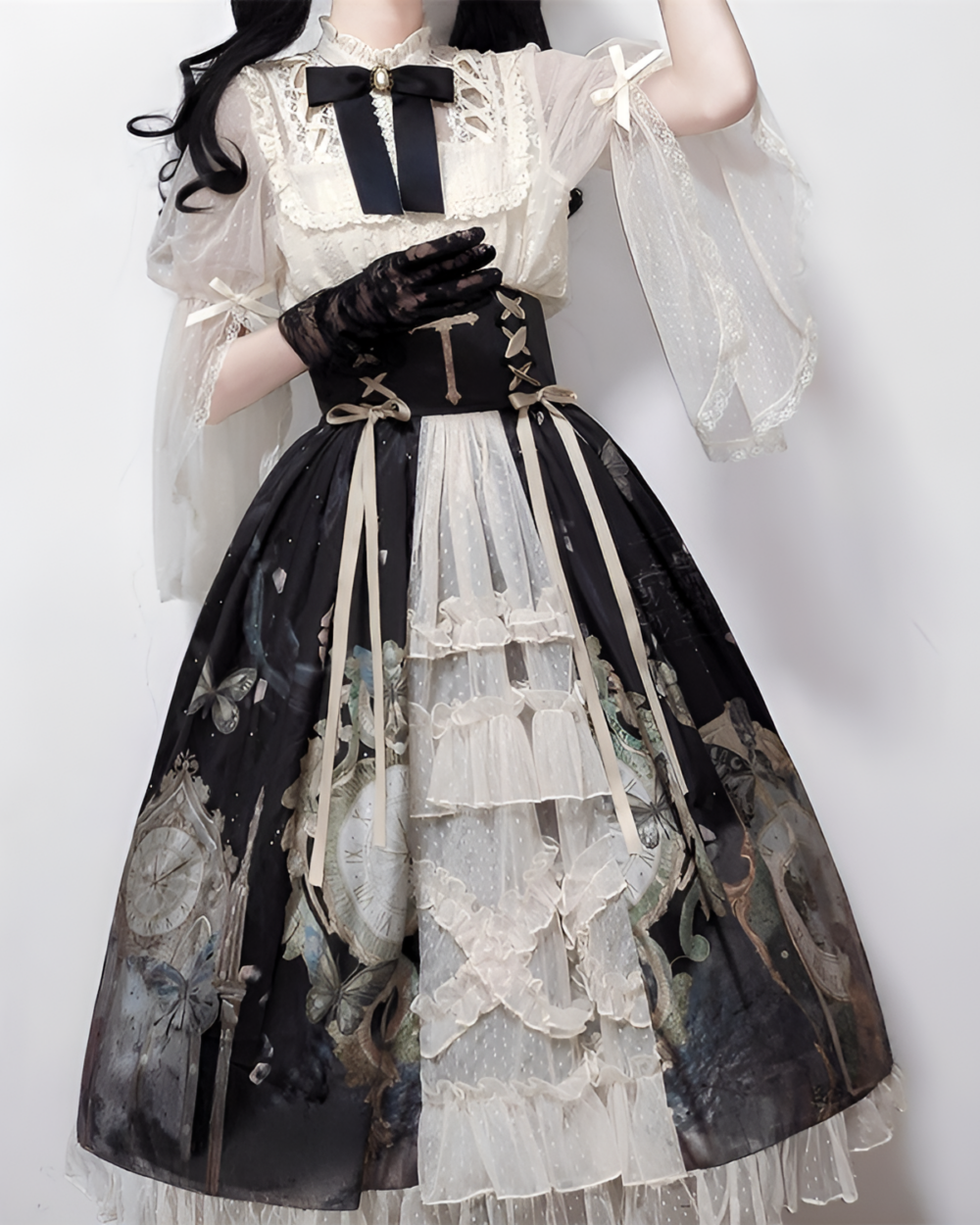 Victorian-Style Gothic Lolita dress featuring layered skirts, lace, and intricate floral print details.
