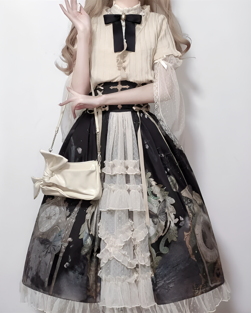 Victorian-Style Gothic Lolita dress featuring a layered skirt, lace details, and a white blouse.