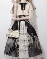 Victorian-Style Gothic Lolita dress featuring a layered skirt, lace details, and a white blouse.