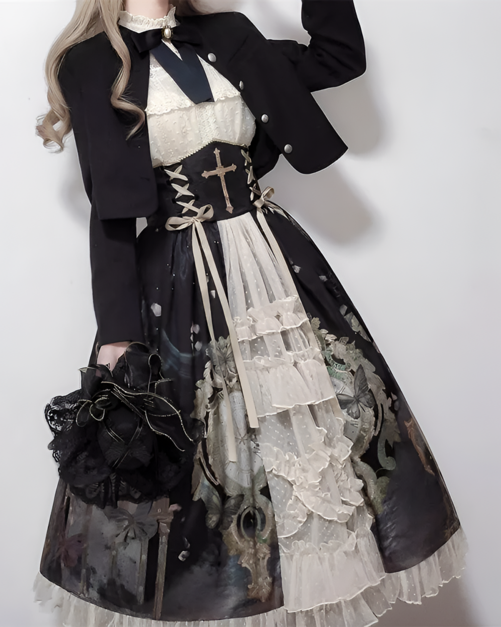 Victorian-Style Gothic Lolita dress featuring a black jacket and layered skirt.