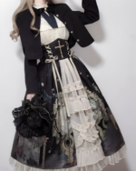 Victorian-Style Gothic Lolita dress featuring a black jacket and layered skirt.