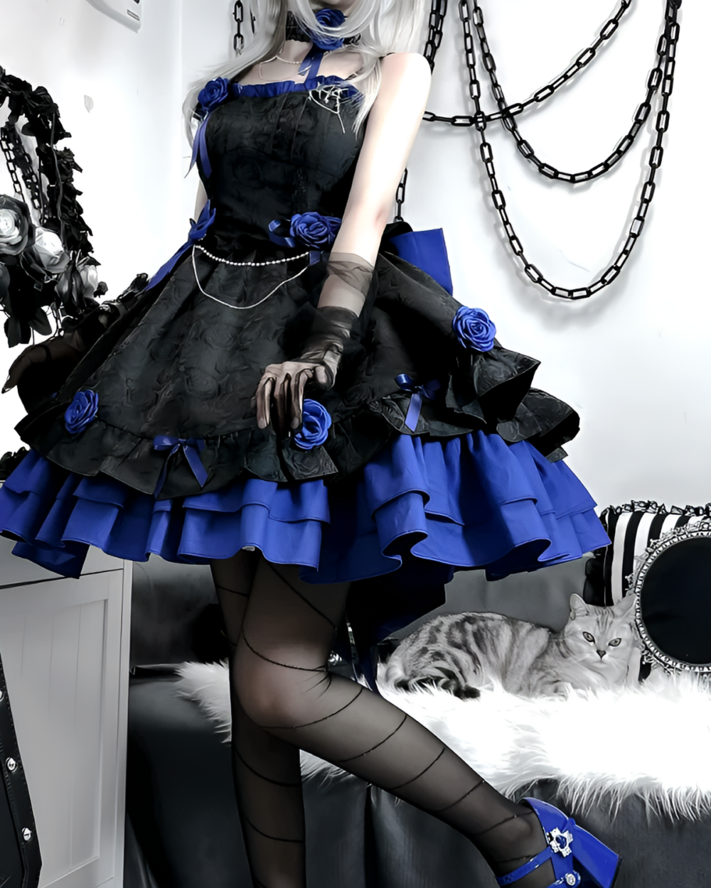 Victorian Dark Gothic Lolita Dress in black & blue, featuring ruffles and lace details.