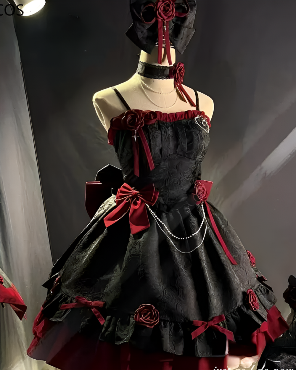 Victorian Dark Gothic Lolita Dress featuring a black lace gown, red roses, and a mask.
