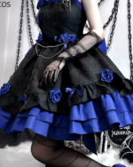 Victorian Dark Gothic Lolita Dress featuring black lace, blue roses, and layered ruffles with gloves and accessories.