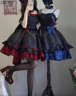 Victorian Dark Gothic Lolita Dress, a black and red layered skirt dress with lace and bows.