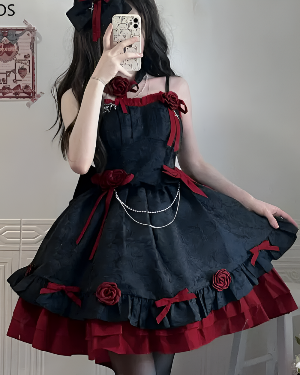 Victorian Dark Gothic Lolita Dress in black with red accents and rose details.