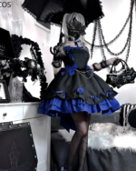Victorian Dark Gothic Lolita Dress worn by a model with accessories, black and royal blue color scheme.