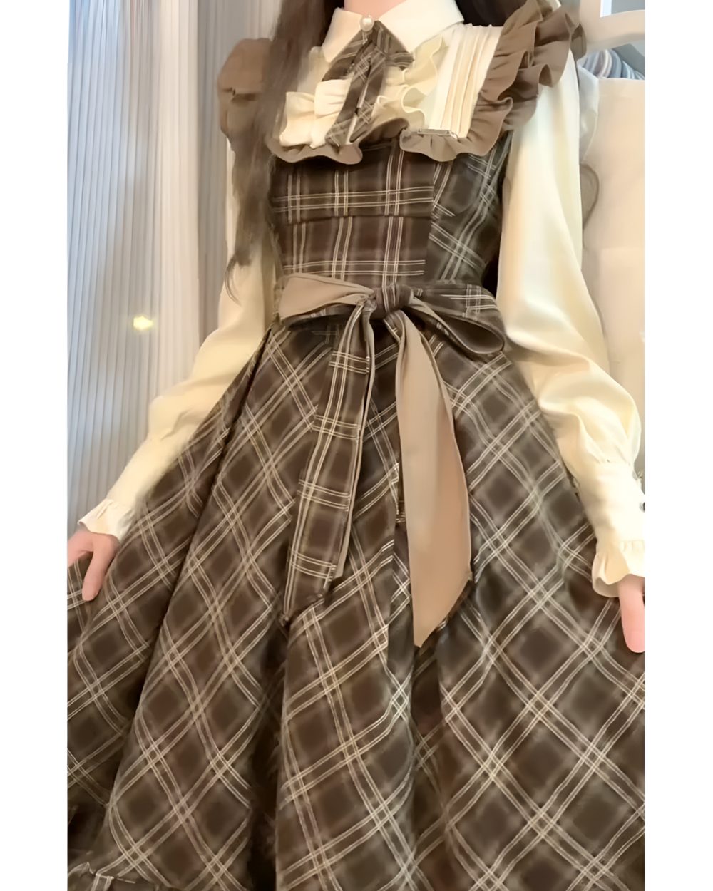 Vintage midi dress in a cottagecore aesthetic, featuring a plaid skirt and ruffled blouse.