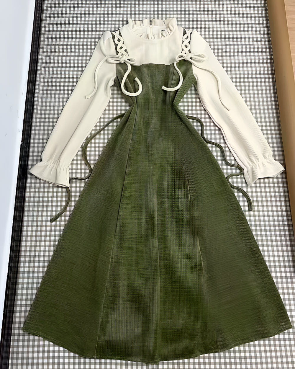 Vintage midi dress with corduroy skirt and puff sleeves. Cottagecore dress design.