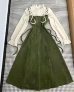 Vintage midi dress with corduroy skirt and puff sleeves. Cottagecore dress design.