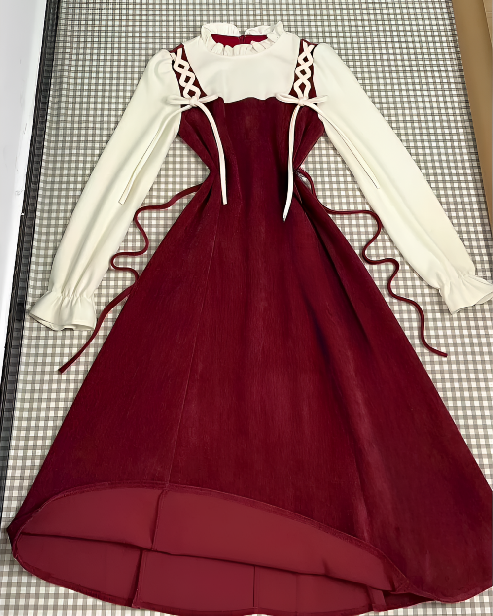 Vintage midi dress with burgundy velvet and cream sleeves, a cottagecore dress.