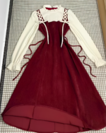 Vintage midi dress with burgundy velvet and cream sleeves, a cottagecore dress.