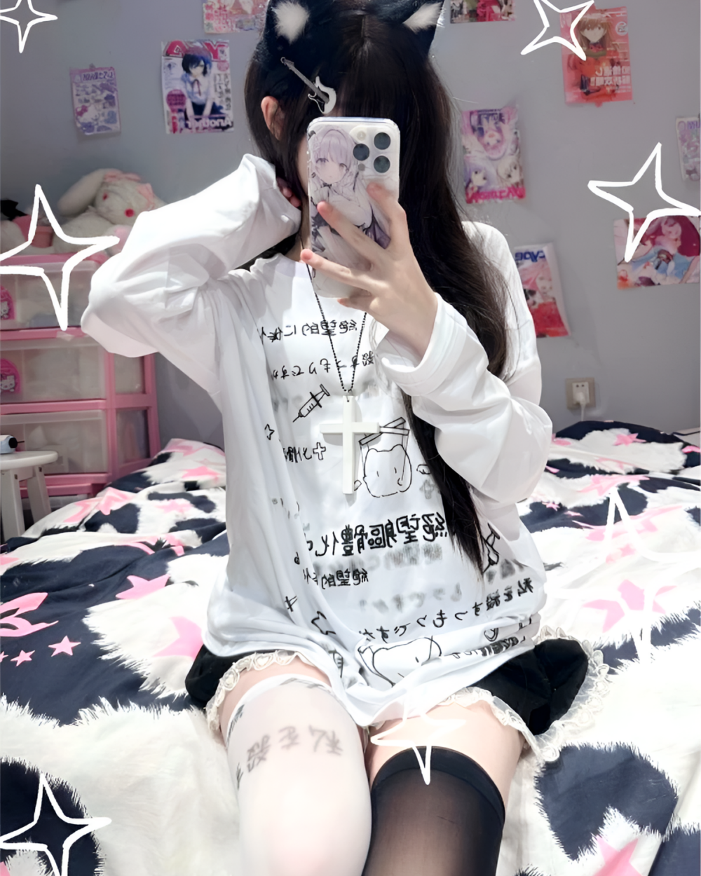 A person wearing a White Oversize Neko T-Shirt with a cute cat design. Cutecore aesthetic style.