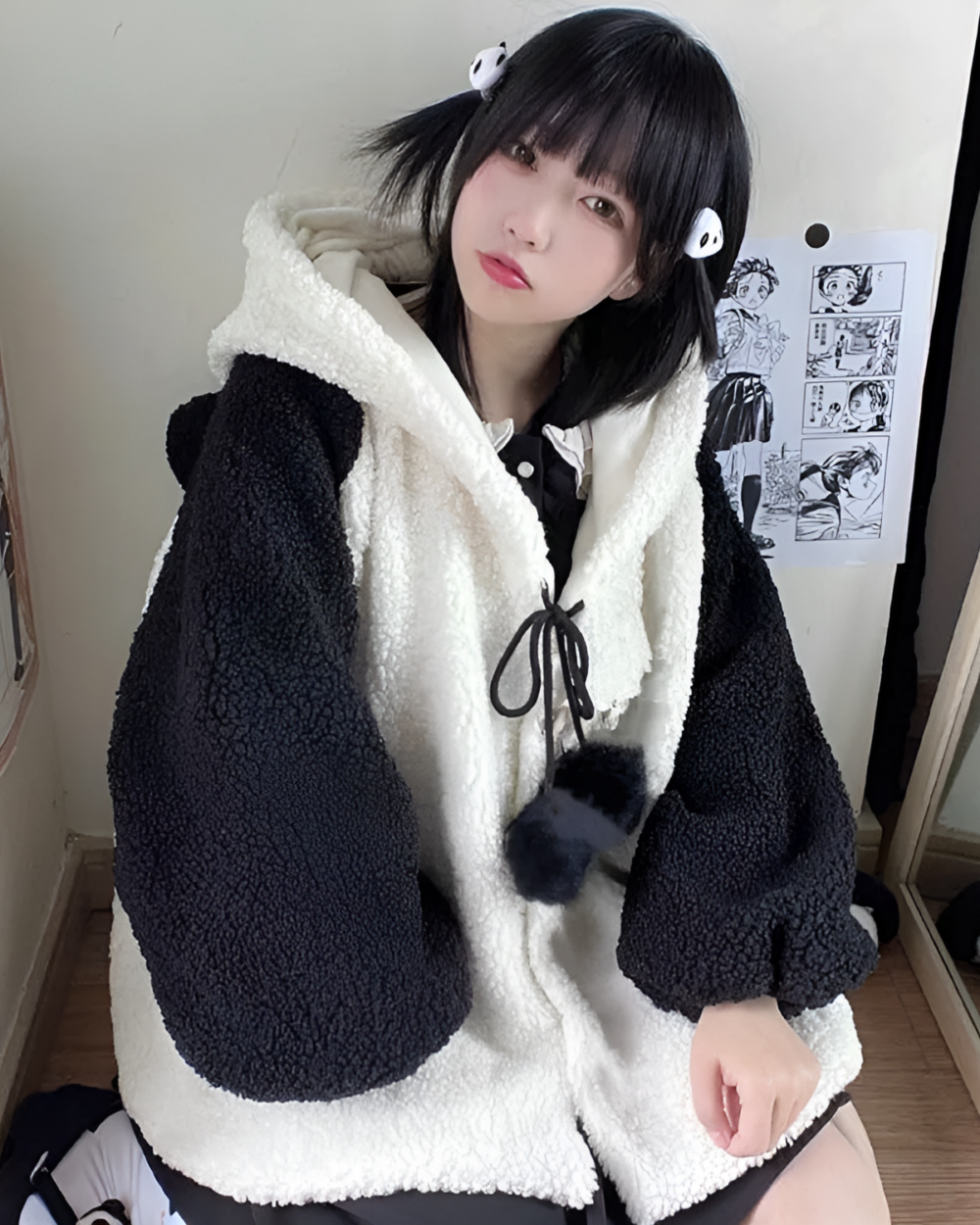 Woman wearing a black and white panda fleece hoodie. The Winter Hooded Coat - Panda Edition features a plush design.