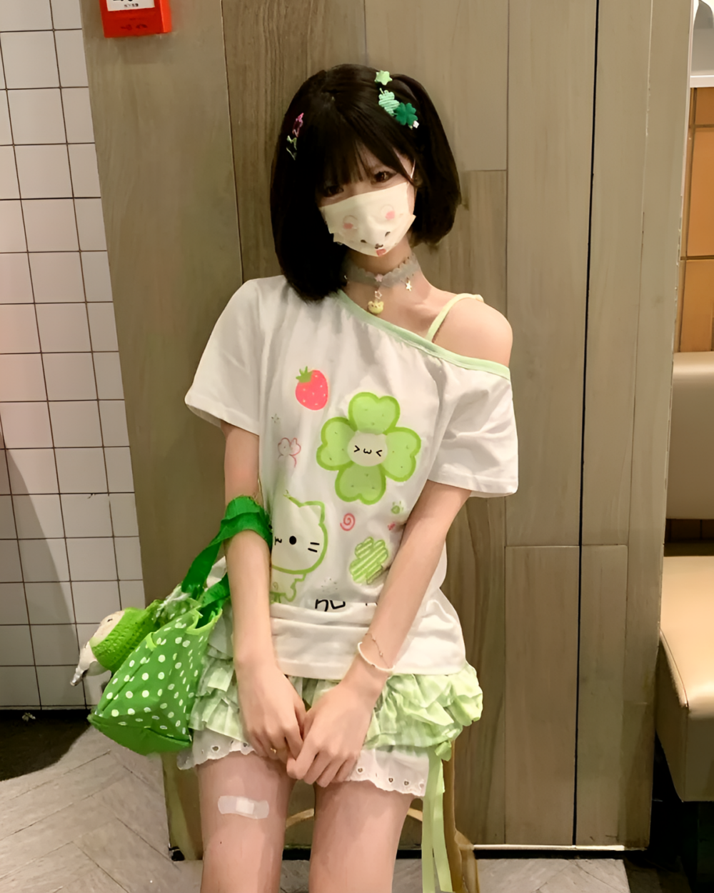 Model wearing a Yotsuba Neko T-Shirts - Jojifuku Aesthetic, featuring a cute green neko design.