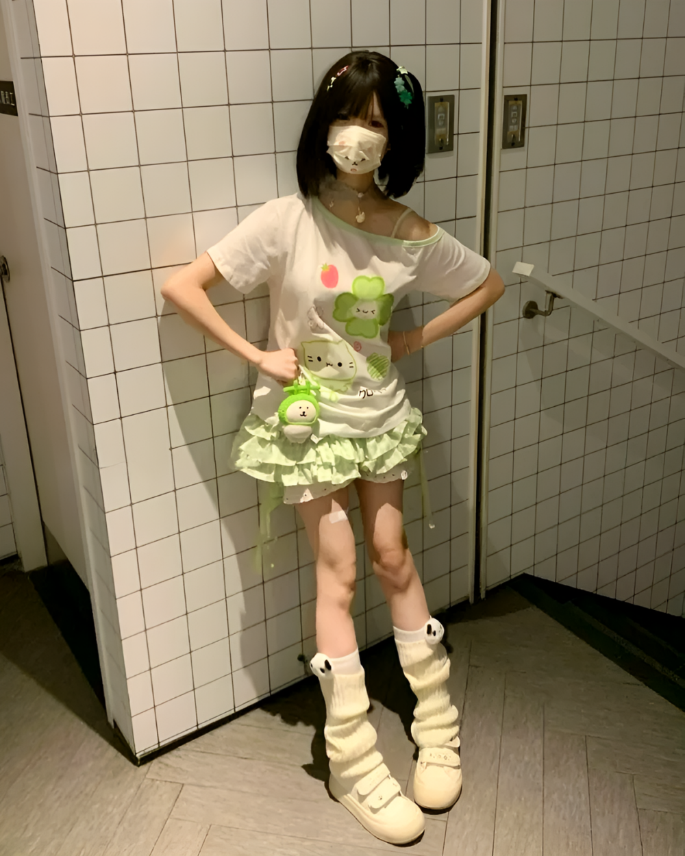 Woman wearing a Yotsuba Neko T-Shirts - Jojifuku Aesthetic, featuring a cute cat design and layered outfit.