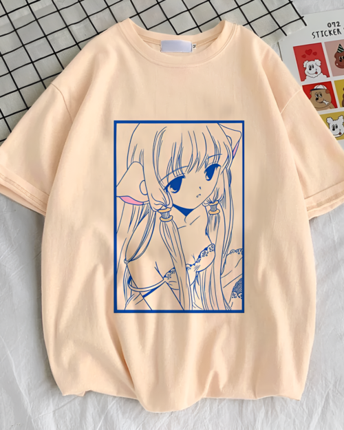 Beige t-shirt featuring a blue line art illustration from the anime Chobits. Shop the Chobits T-Shirt collection now.
