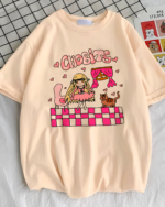 Pink Chobits T-Shirt featuring Chi and a cat, with hearts and a house graphic. Casual wear.
