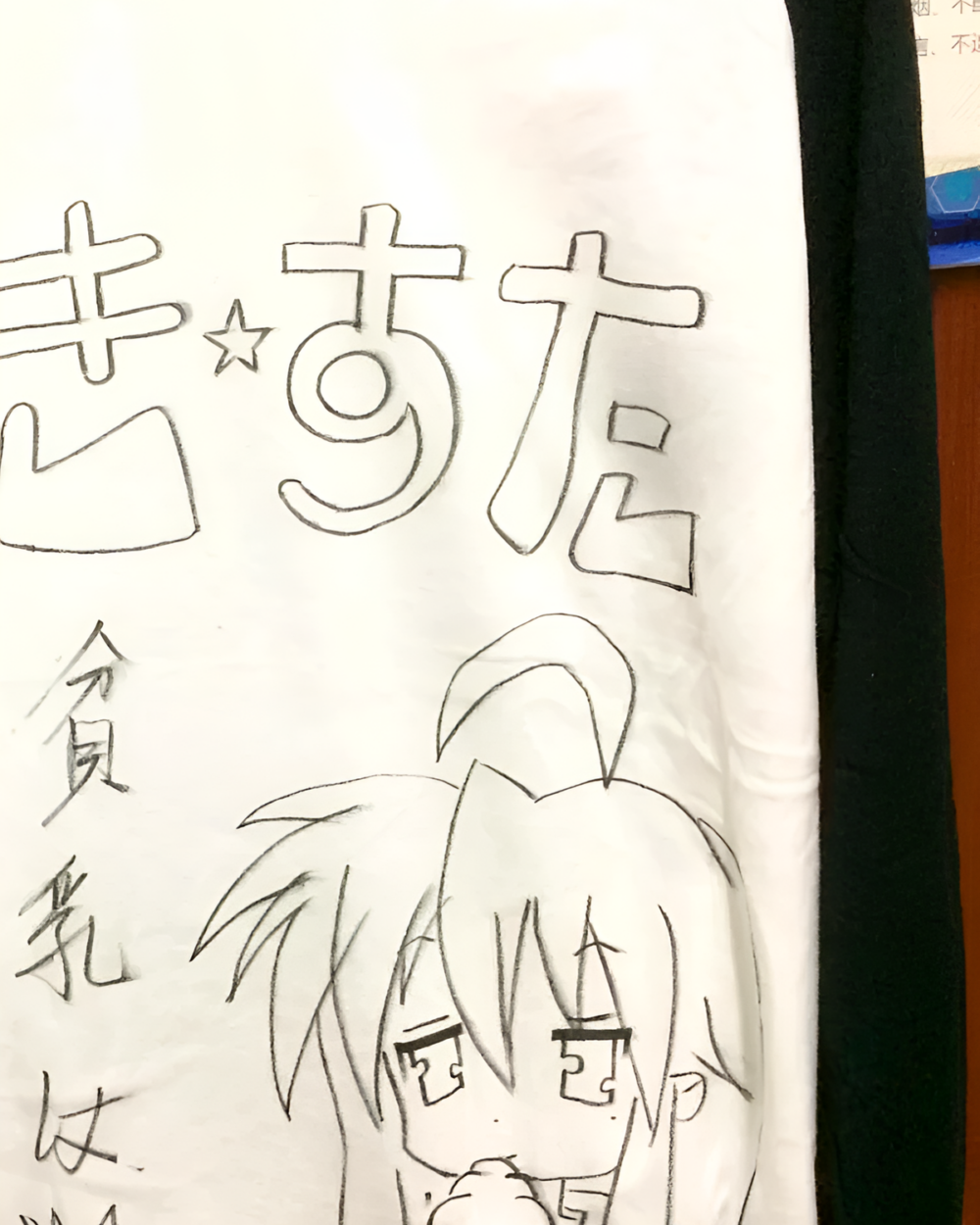 らき☆すた long sleeve t-shirt design sketch, featuring characters and text.