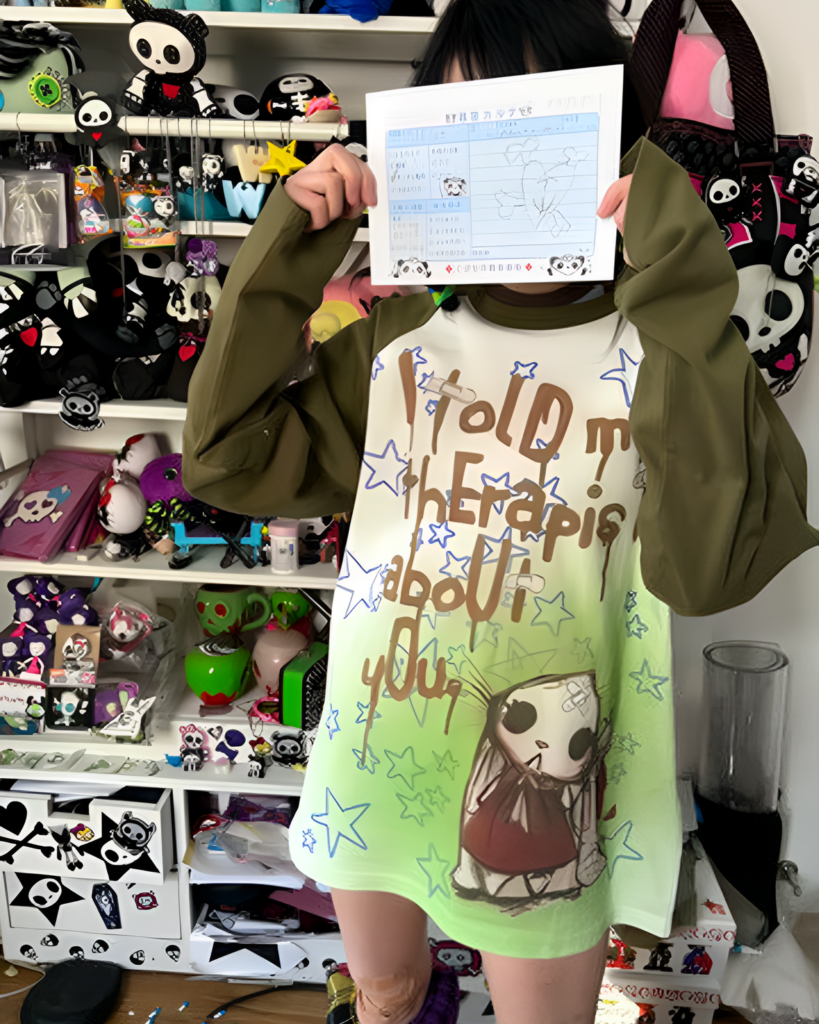 Person wearing I Told My Therapist shirt with panda design and graphics.