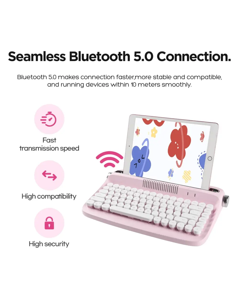Wireless Aesthetic Keyboard - Typewriter Edition showcasing Bluetooth 5.0 connection details and features.