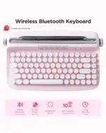 Wireless Aesthetic Keyboard - Typewriter Edition close-up showcasing keys, Bluetooth symbol, and 10m transmission range.