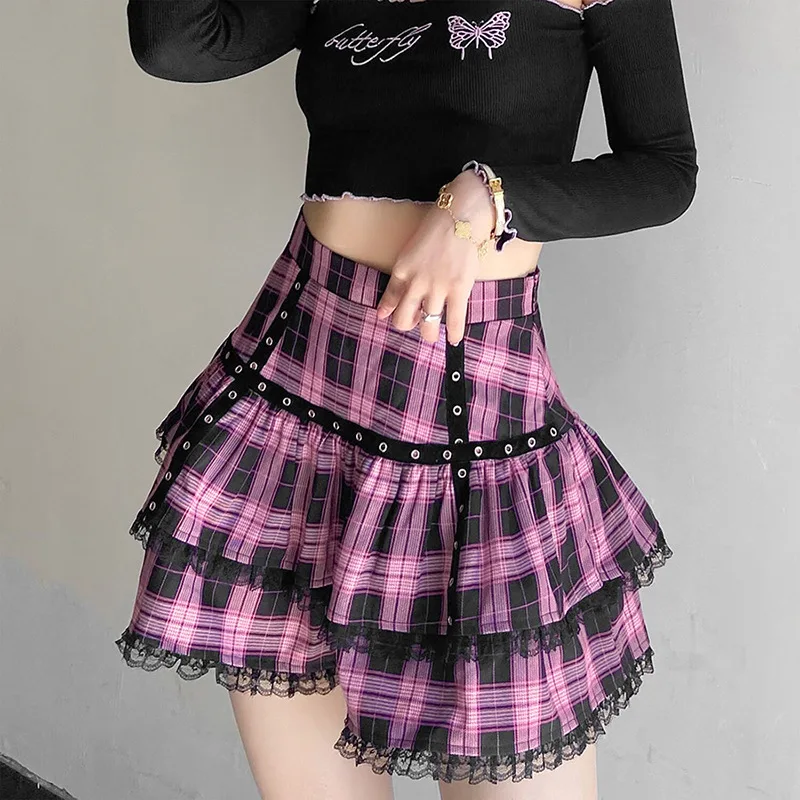Ruffled Plaid Pink Mini Skirt - Mall Goth Aesthetic word1