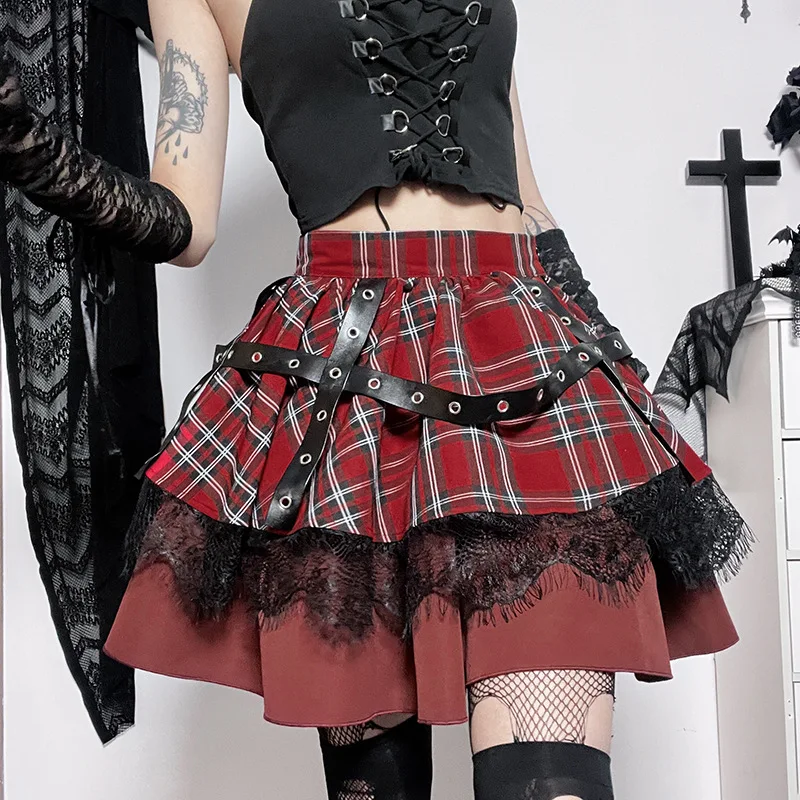 Crimson Strap Lace Mini Skirt - Goth Punk word3