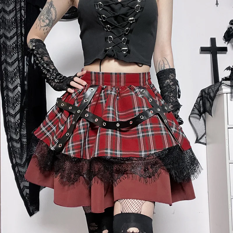 Crimson Strap Lace Mini Skirt - Goth Punk word3